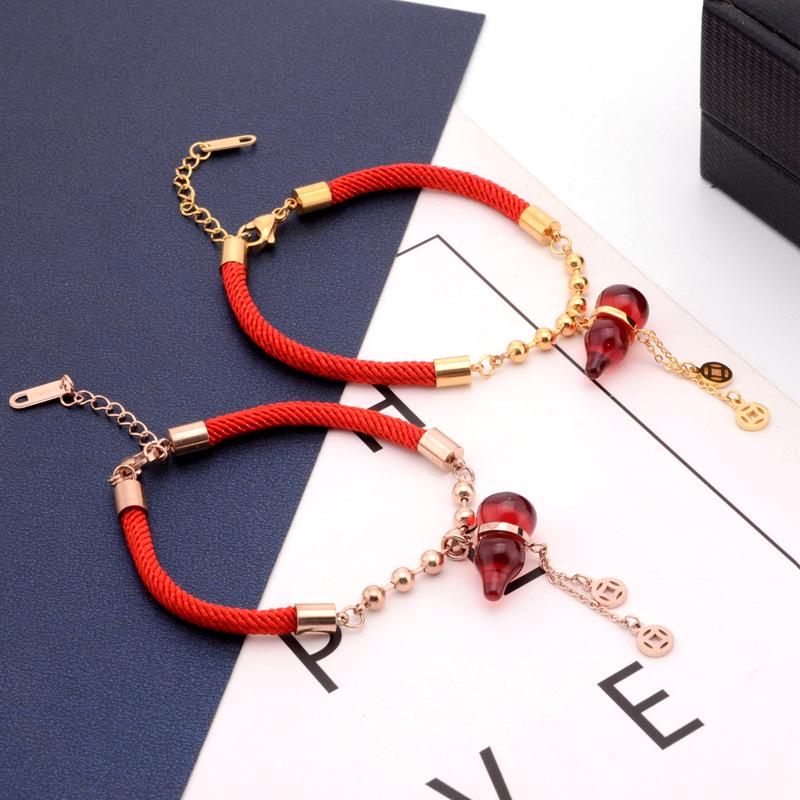 Zodiac Lucky Money Bag Titanium Steel Gold Gourd Red Rope Bracelet