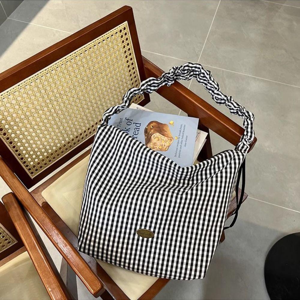 Drawstring Canvas Crossbody Bag Y2k Underarm Bag Fashion Plaid Shoulder Bag Women