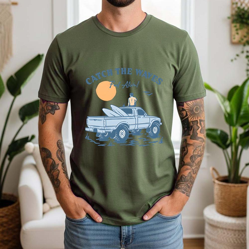 2026 Summer 100 Cotton Catch The Waves Graphic Oversized Tee Surf Pickup Summer Casual Themed Short Sleeve