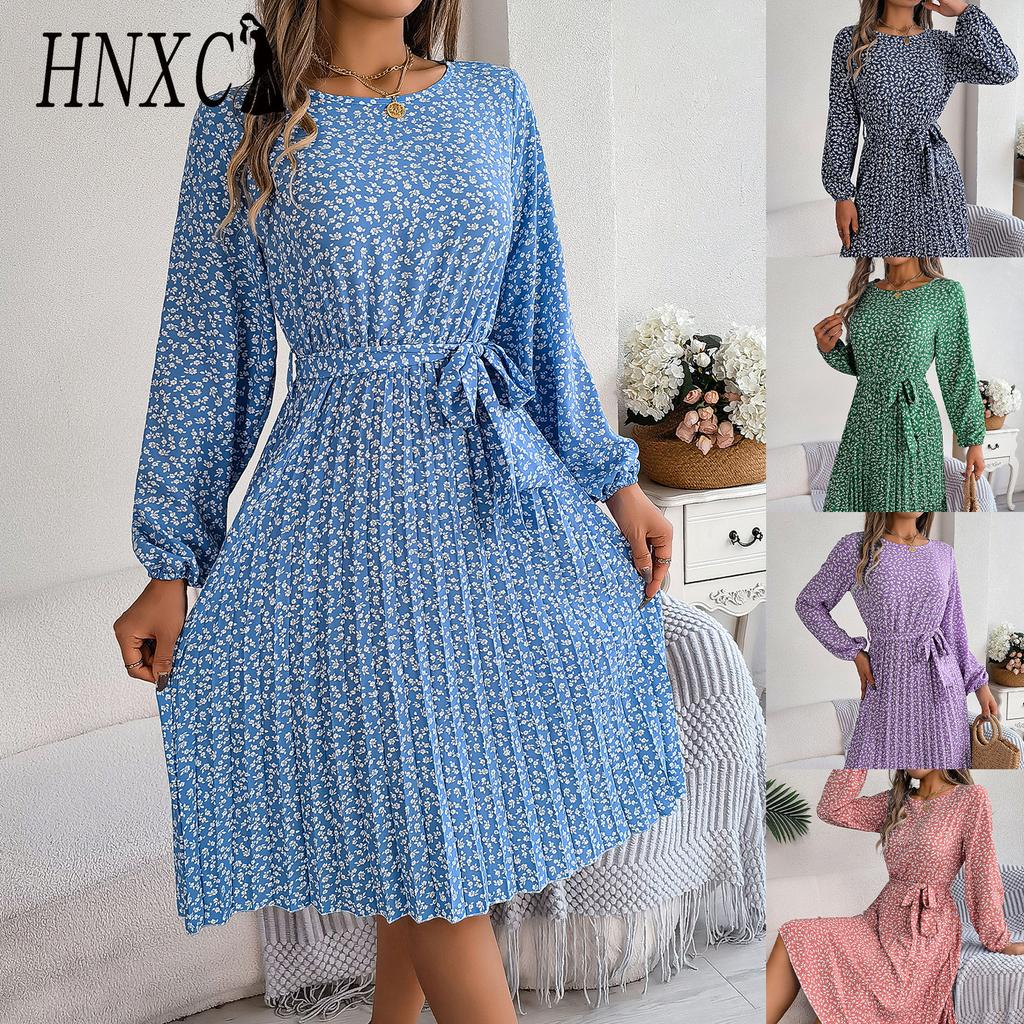 HNXC Autumn and Winter Casual Long-sleeved Floral Pleated Skirt Women's Wear