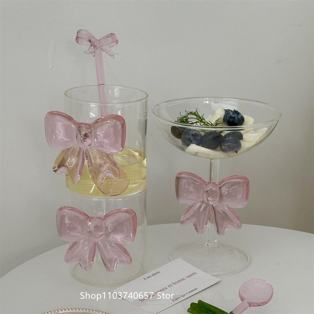 Rosa Große Schleife Glas Dekor Glas Tasse Kelch Schleifenhenkel Gläser Hitzebeständig Hohes Borosilikat Dessert Eisbecher Schüssel