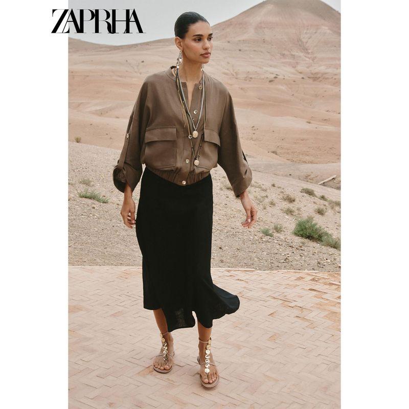 Zaprha 2025 Summer New Minimalist Style With Belt Linen Blend High Waist Midi Skirt 0387065
