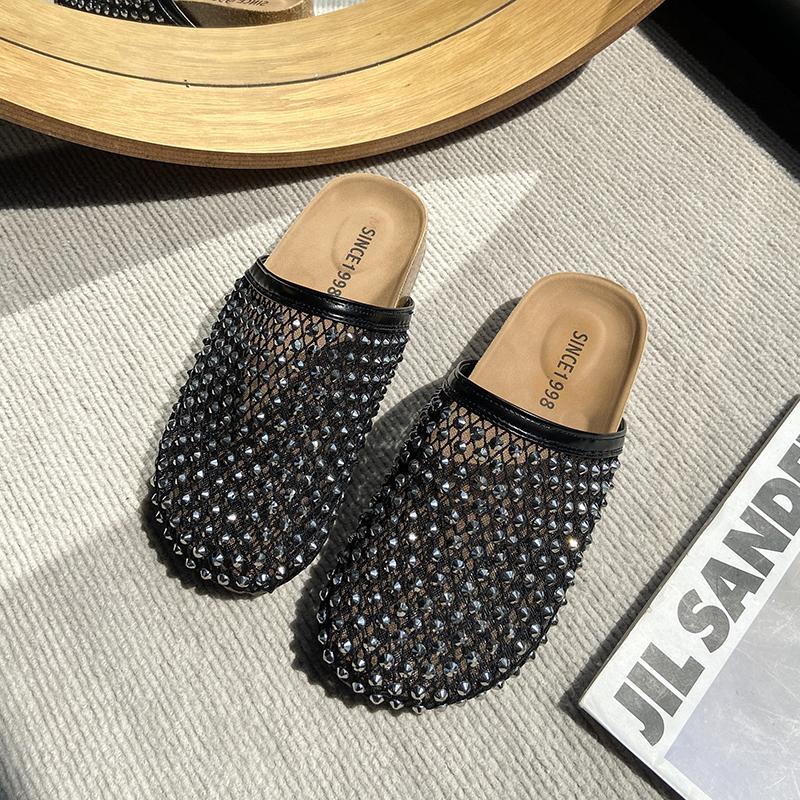 Fashion Super Popular Water Diamond Full Diamond Women's Shoes, Fishing Net Toe Cover Half-slippers, Flat Lazy Women's Sandals