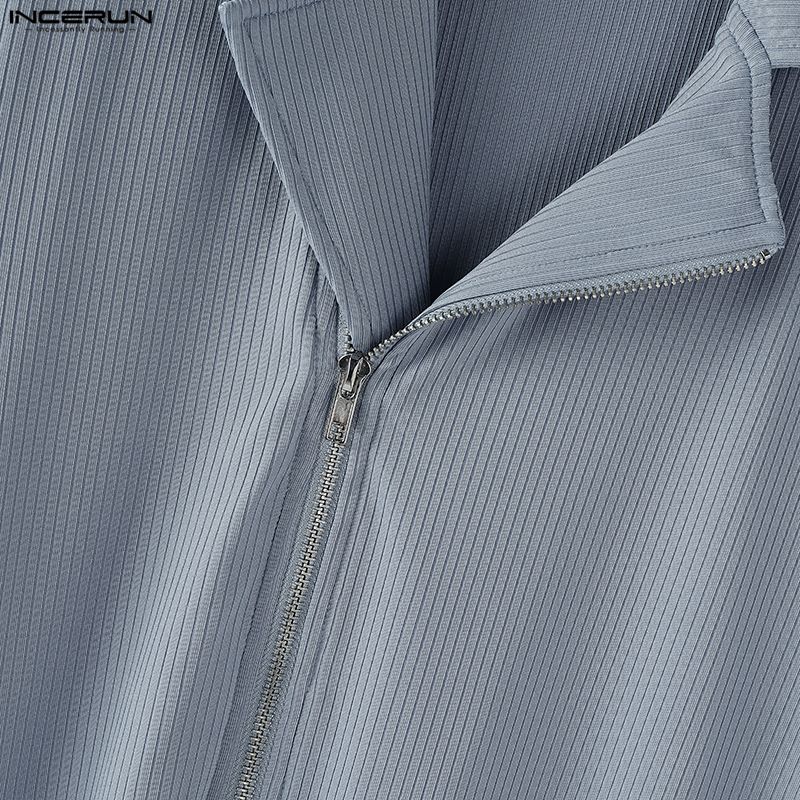 INCERUN Men Lapel Neck Long Sleeve Side Zip-up Casual Fitted Rib Pullovers Undershirts