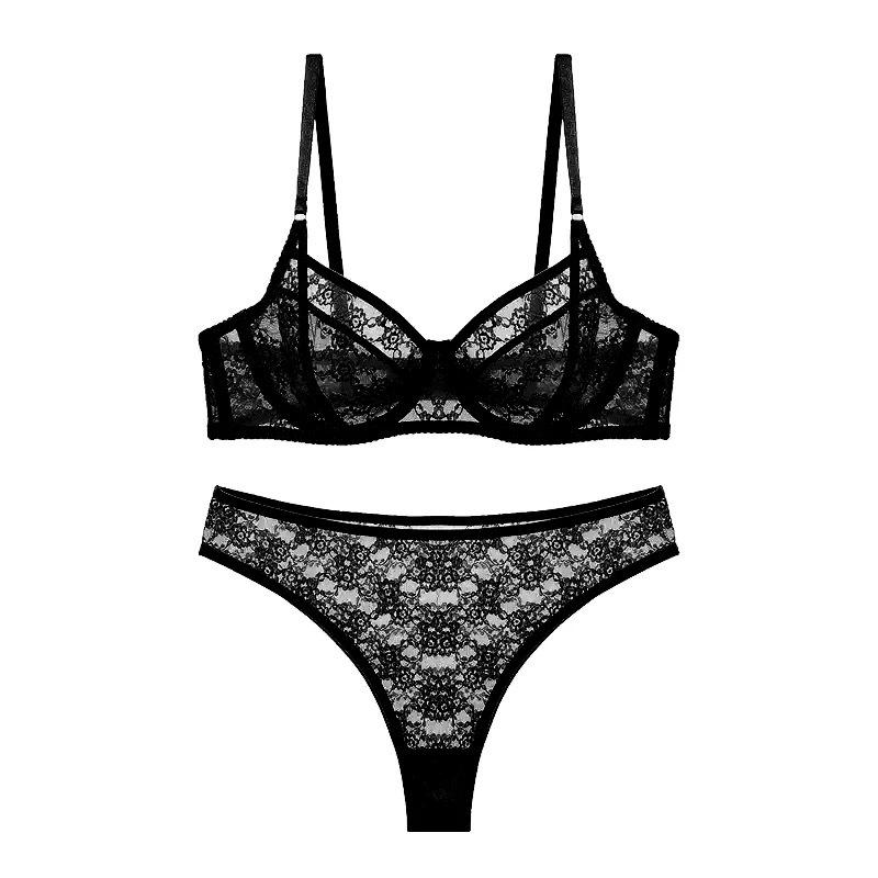 Sexy Sex Underwear Women's French Thin Transparent Lace Underwear Big Chest Small Anti-sagging Bra Set