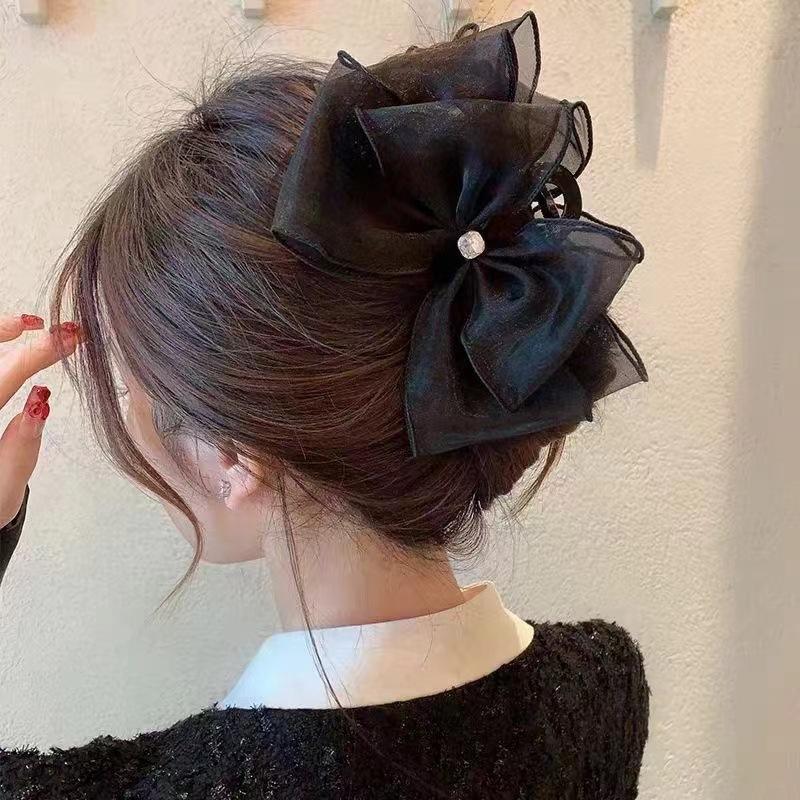 Sweet Mesh Tulle Big Bow Hair Claw Clips for Women Solid Colours Elegant Bowknot Ponytail Clip New Headdress Accessories