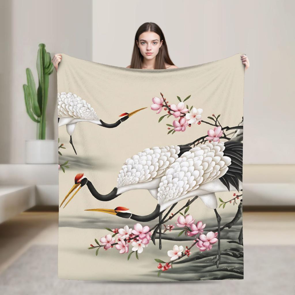 Chinese Style Crane Warm Soft Blankets Kids Adult Plush Throw Blanket Print Home Decor Flannel Bedspread Sofa Bed Cover