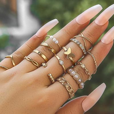 European & American Butterfly Pearl Diamond Ring Set - 15 Personalized Twist Chain Rings