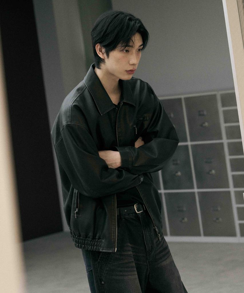 Leathery Washed Leather Oversized Blouson Jacket [Washed Black]