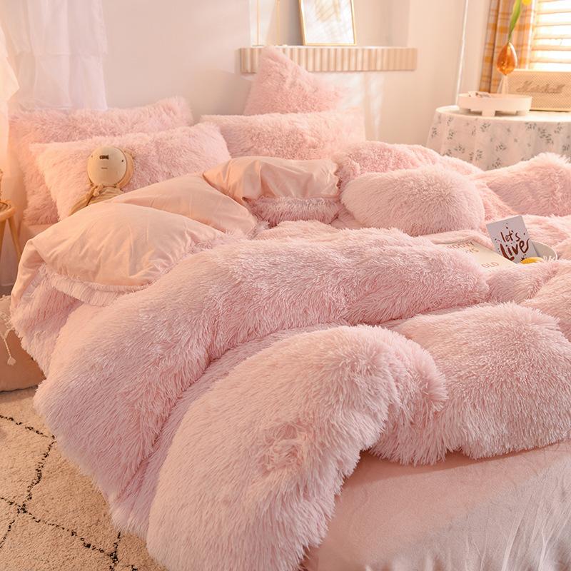 Coral Fleece Four-piece Bedding Set, Mink Fleece, Cloud Mink Fur Fleece-lined Bedding, Winter Thickened Warm Duvet Cover and Sheets