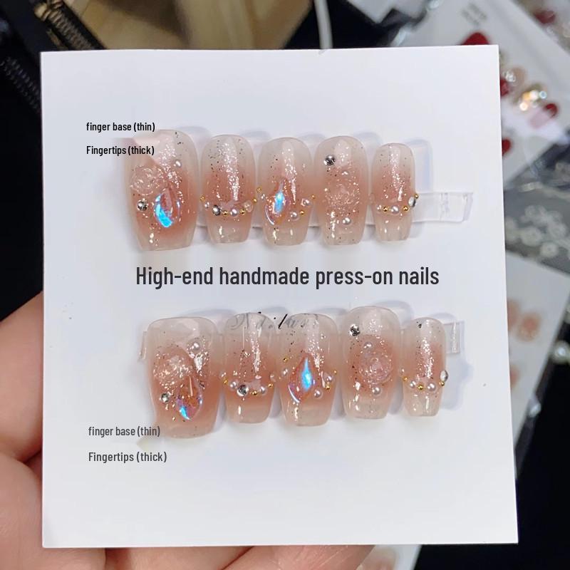 Wearable Handmade Aurora Diamond Camellia Nude False Nail Tips
