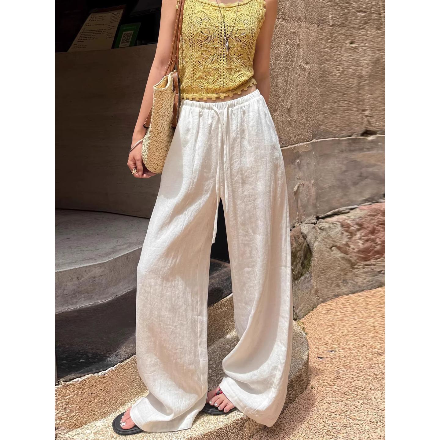 Women s White Cotton-Linen Wide-Leg Trousers - Loose, Casual, Spring/Summer 2026 Large
