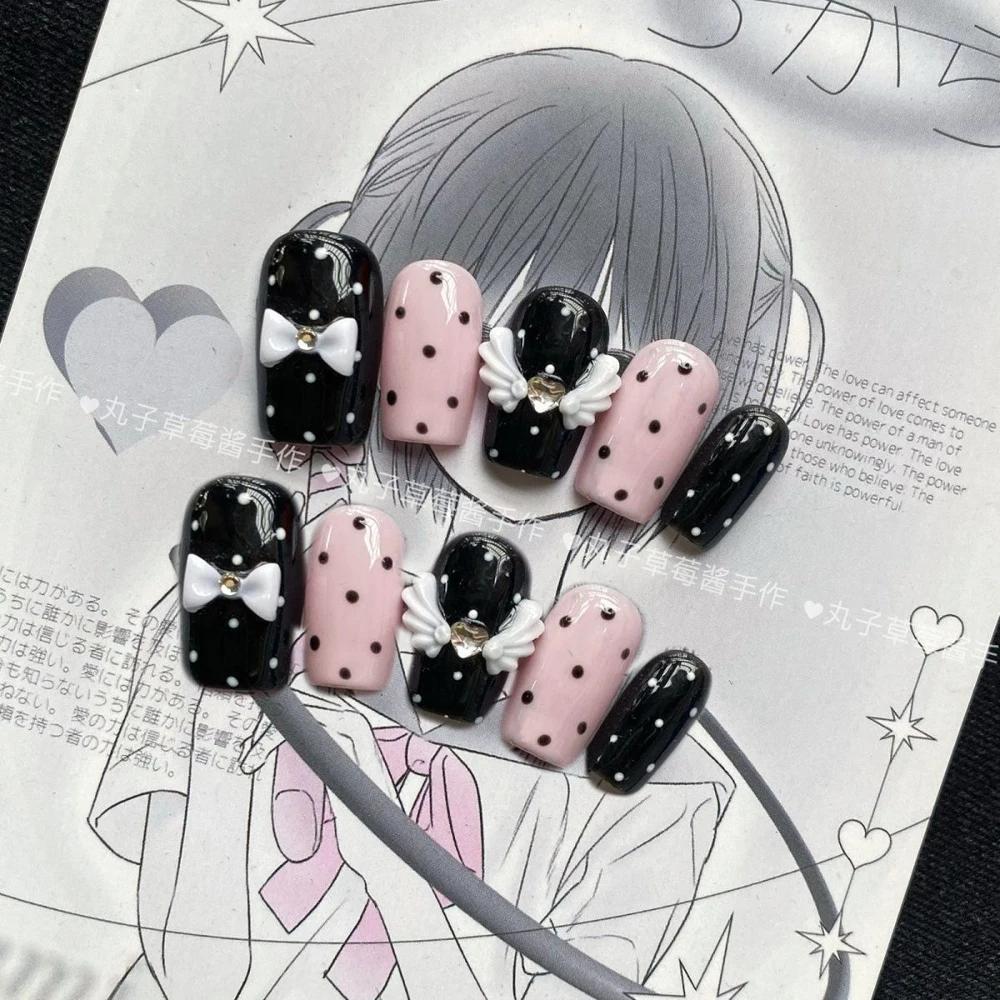 10Pcs Y2K Handmade Press On Nails Short Square Cartoon Stickers Pearl Wings Heart Bow Holiday Gift