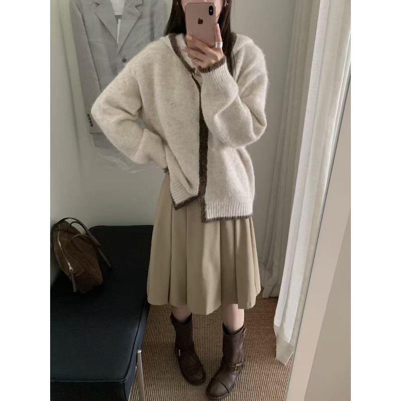New Color Matching Edge Hooded Double Zipper Retro Casual Wool Blended Long-sleeved Knitted Cardigan Jacket Women