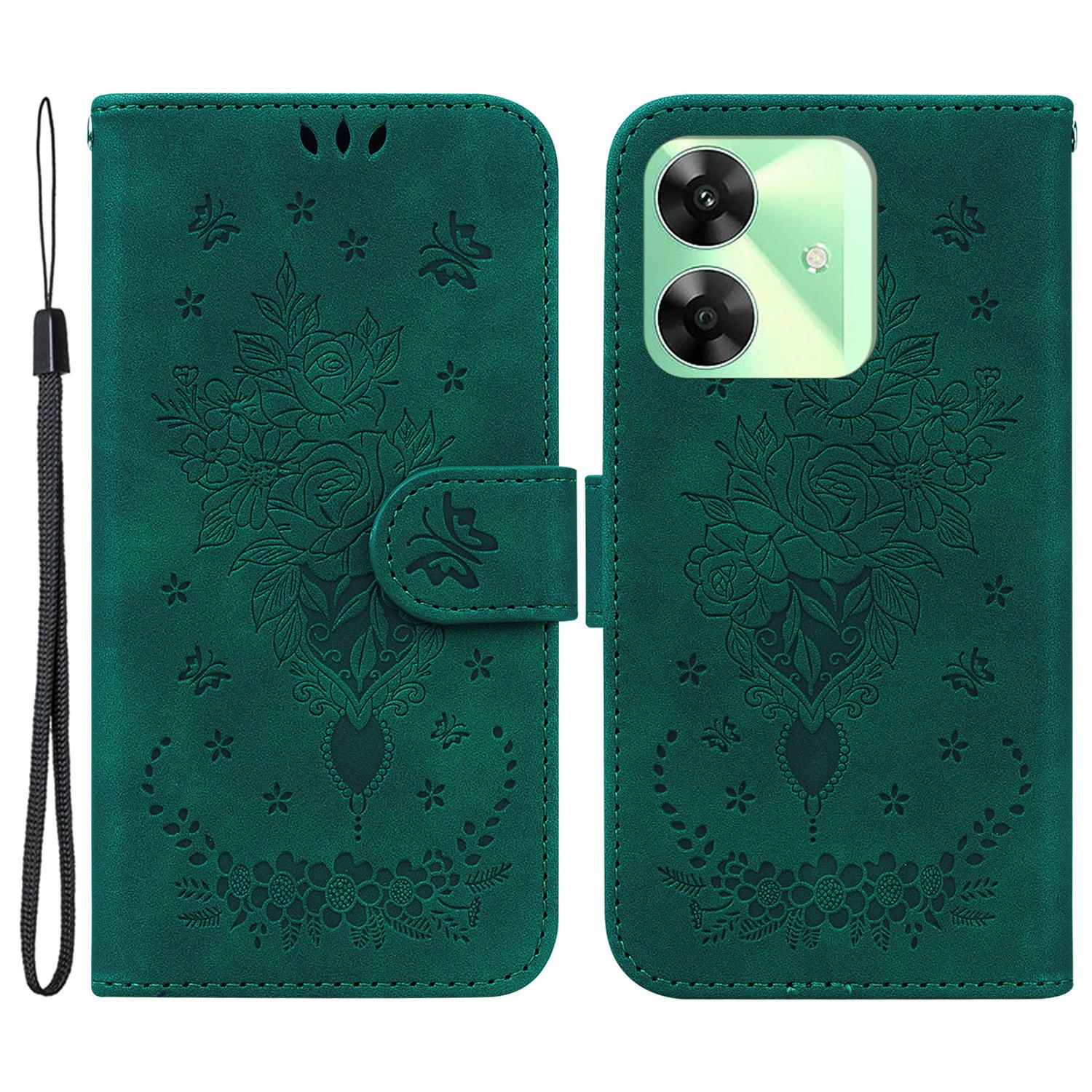 

For Realme Note 60x 4G/C63 4G/C61 4G/Narzo N63 4G Wallet Case PU Leather Phone Cover Butterfly Flower Imprint Green