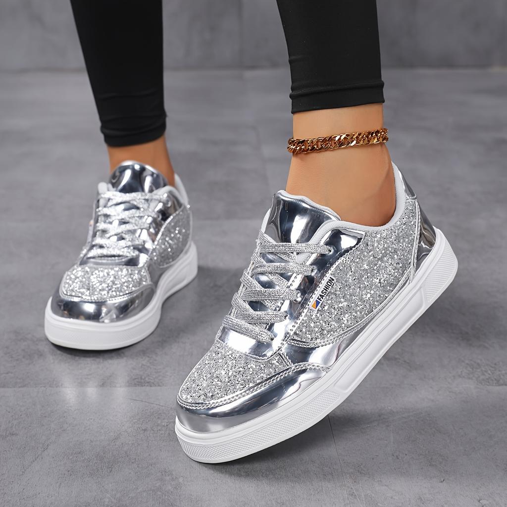 Women's Sequined Low Cut Lace Up Design Paired with PU Upper and EVA Cushioned Sole, Suitable for Daily Commuting and Leisure Travel