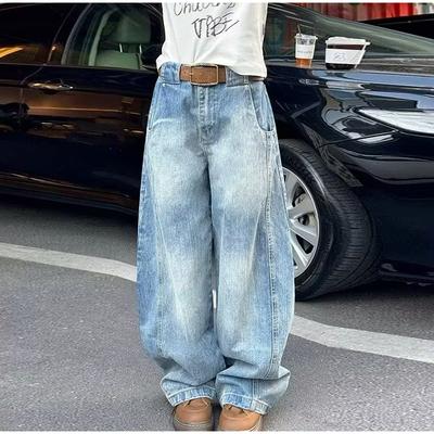 Retro Bambu Düğüm Denim Pantolon Kadın 2025 İlkbahar Sonbahar Yeni Büyük Beden Armut Vücut Yüksek Bel Yıkanmış Bol Geniş Paça Kot