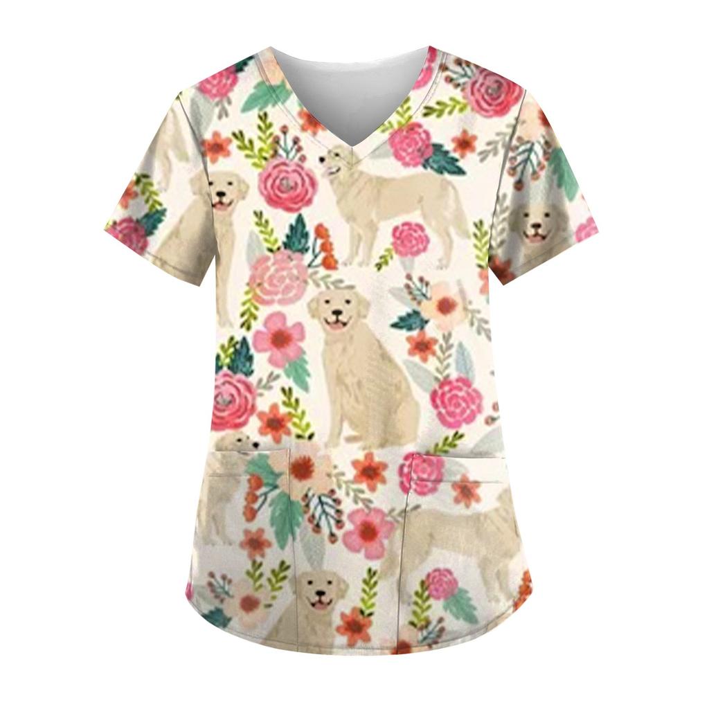 

Women s work uniforms cute puppy animal fun print cartoon V-neck tops ladies shirts nurse work clothes medical uniforms S