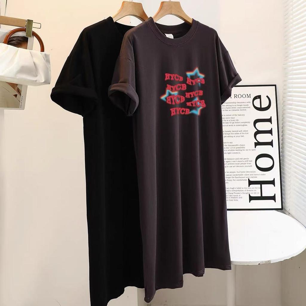 Nové těhotenské tričkové šaty s krátkým rukávem v korejském stylu na léto, volné dlouhé šaty ke kolenům a jednoduché a módní šaty