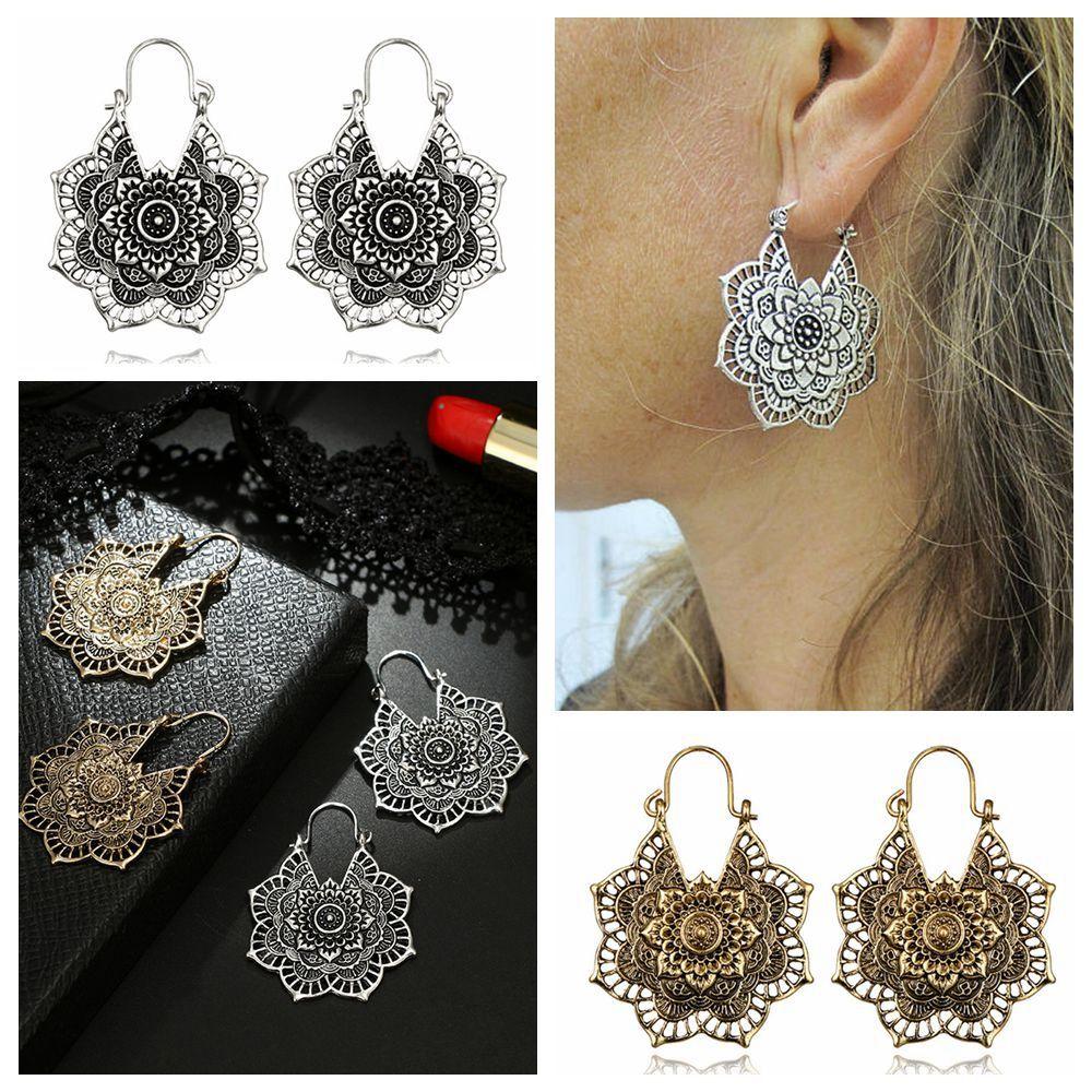 Antique Tribal Gypsy Dangle Ear stud Floral Earring Hollow Out Mandala Flower Pendant