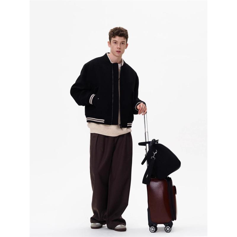 Unisex Retro Black Woolen Baseball Jacket - Heavyweight, Loose-Fit, Short, Casual Outerwear for Autumn/Winter