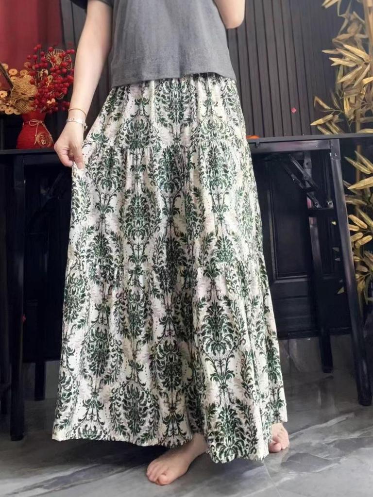 Women's Floral Print Cotton-Silk Elastic Waist Skirt - Southeast Asian Style for Spring and Summer
