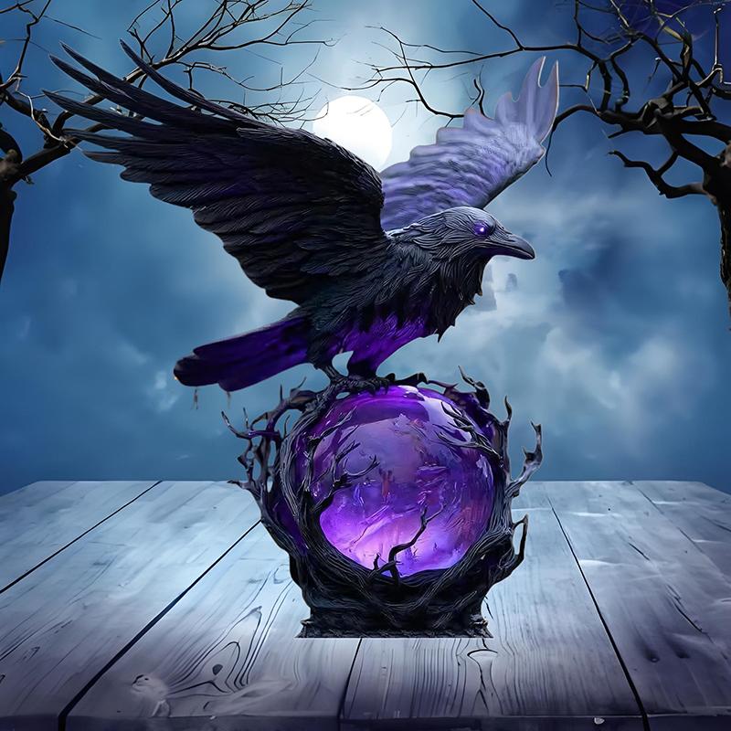 "Raven's Moonlight" Gotische Led Lamp – Mysterieuze Kraai Op Gloeiende Bol Sculptuur, 3D Holle Lantaarn Met Violet Licht