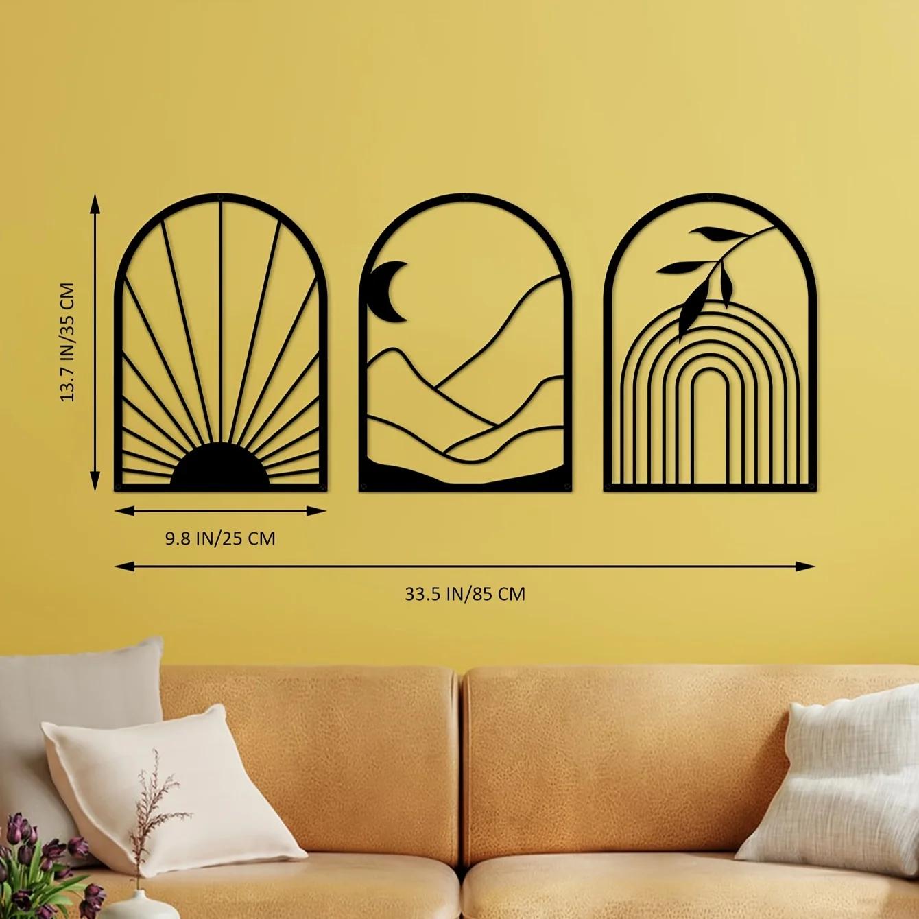 

3 шт./комплект Бохо черный металлический настенный декор - минималистичное черное настенное искусство, бохо линейный железный художественный силуэт настенная наклейка светло-серый