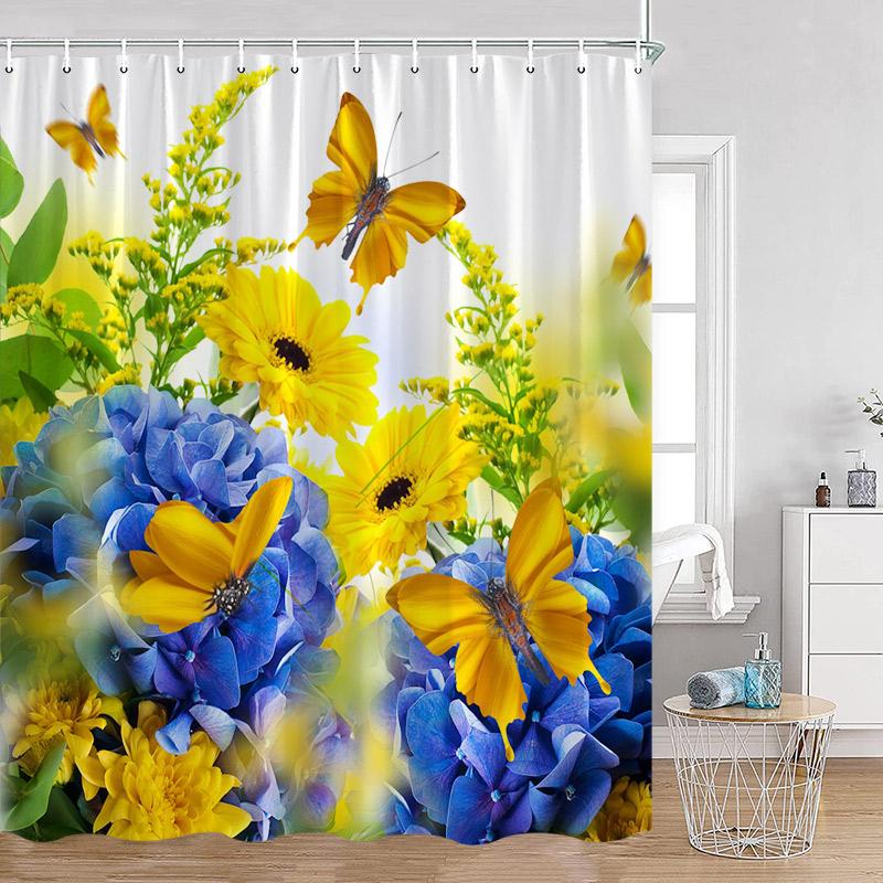 Floral Blue Butterfly Shower Curtain Purple Flowers Butterflies Plant Polyester Fabric Bathroom Decor Bath Curtains with Hooks