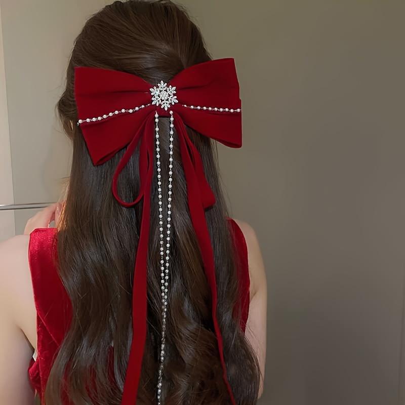 1pc Elegant And Gorgeous Snowflake Bow Imitation Pearl Rhinestone Tassel Women's Hair Clip Wedding Party New Year Hair Accessories Christmas Gift