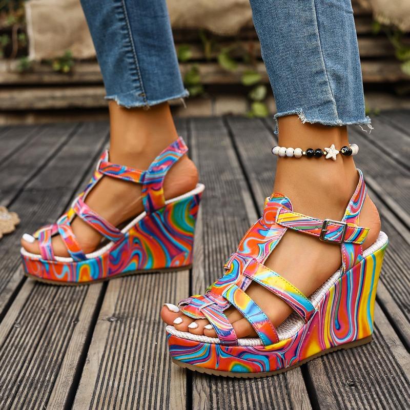 High Heel Sandals Women's New Cross-border Foreign Trade Large Size Wedge Embroidered One Line Buckle Peep Toe Platform Women