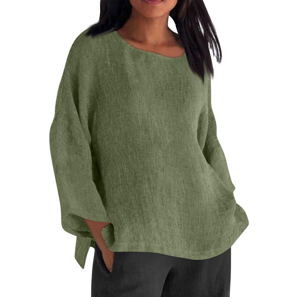 Long Sleeved Round Neck Solid Color Top Cotton and Linen Women’s Blouses & Shirts