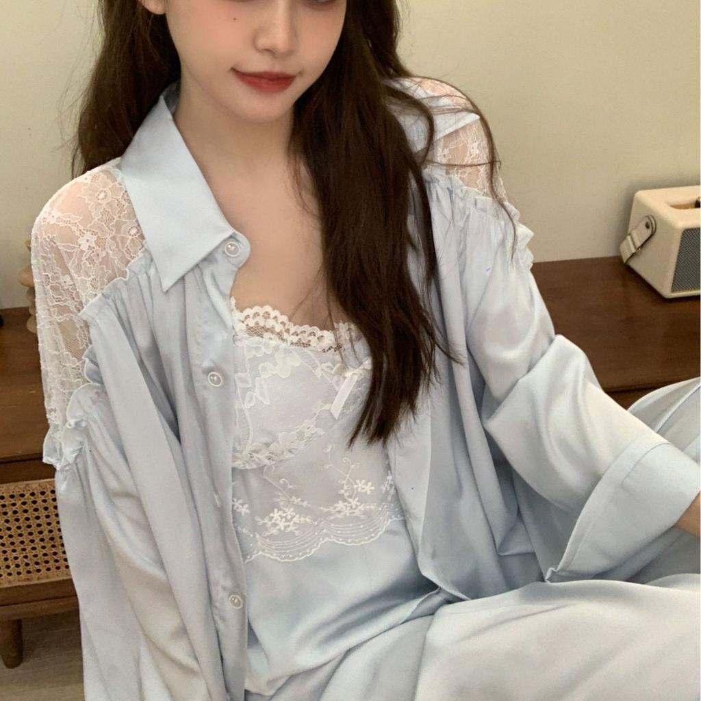 [Mocha] Ice Silk Pajamas Women's Spring Long Sleeve Lace Hollow Pure Desire Wind Suspender with Chest Pad Four-piece Summer Set
