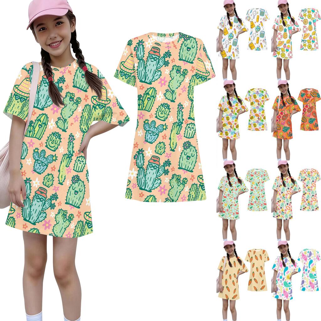 Girls Print Casual Dress Kids Loose Round Neck Short Sleeve Thin Sundress