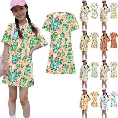 Girls Print Casual Dress Kids Loose Round Neck Short Sleeve Thin Sundress