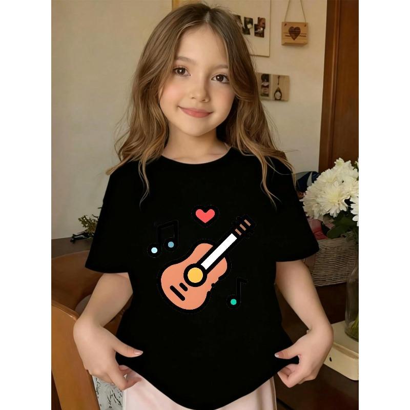 European sizes Adorable T-Shirt Featuring a Cartoon Guitar Design, with a Round Neck And Short Sleeves