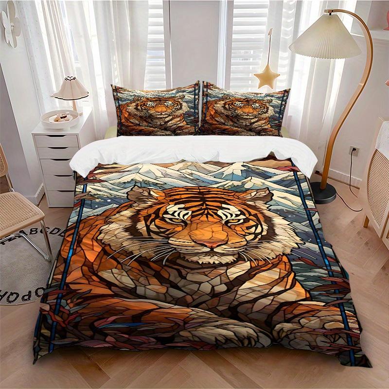 

3pcs Tiger Mountainscape Soft Comfortable Bedding set, For Bedroom, Guest Room And Dorm, All - Season Use, High-Definition Printing167 135x200cm