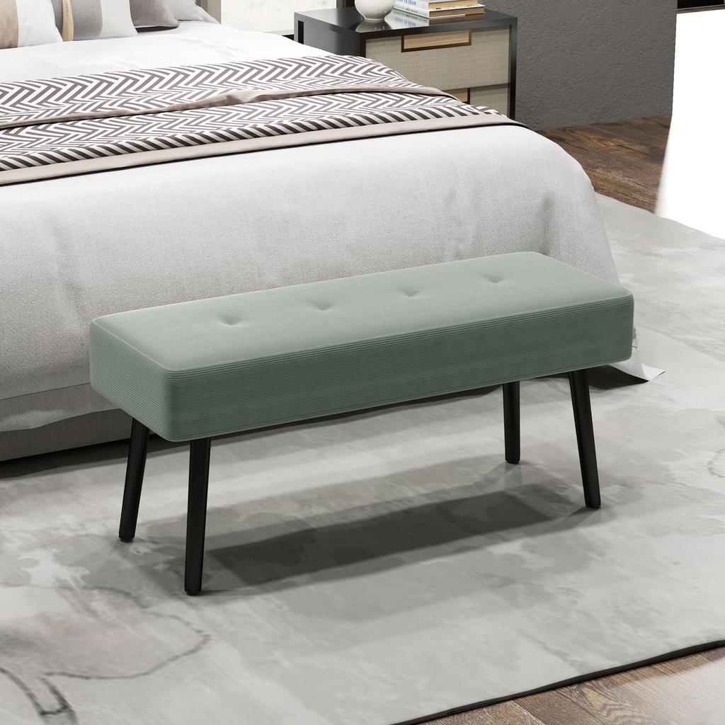 End of Bed Bench, Corduroy Bedroom Bench with Thick Padding and Steel Legs, Tufted Window Seat for Entryway, Living Room, Green