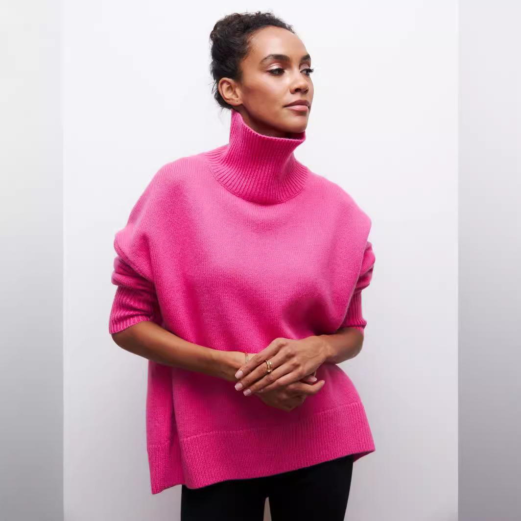 

Осень-зима Женский свободный свитер с высоким воротом, большой размер, топ с длинным рукавом, осенний повседневный свободный джемпер, толстые теплые вязаные пуловеры для женщин M розы красного