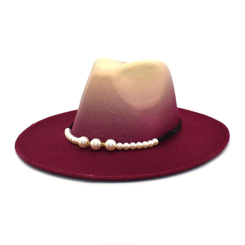 Women Men Fedora Hats Soft Wide Brim Jazz Hat Gradient Color Pearls Top Caps Autumn Church Panama Sombrero Caps Cowboy Hats