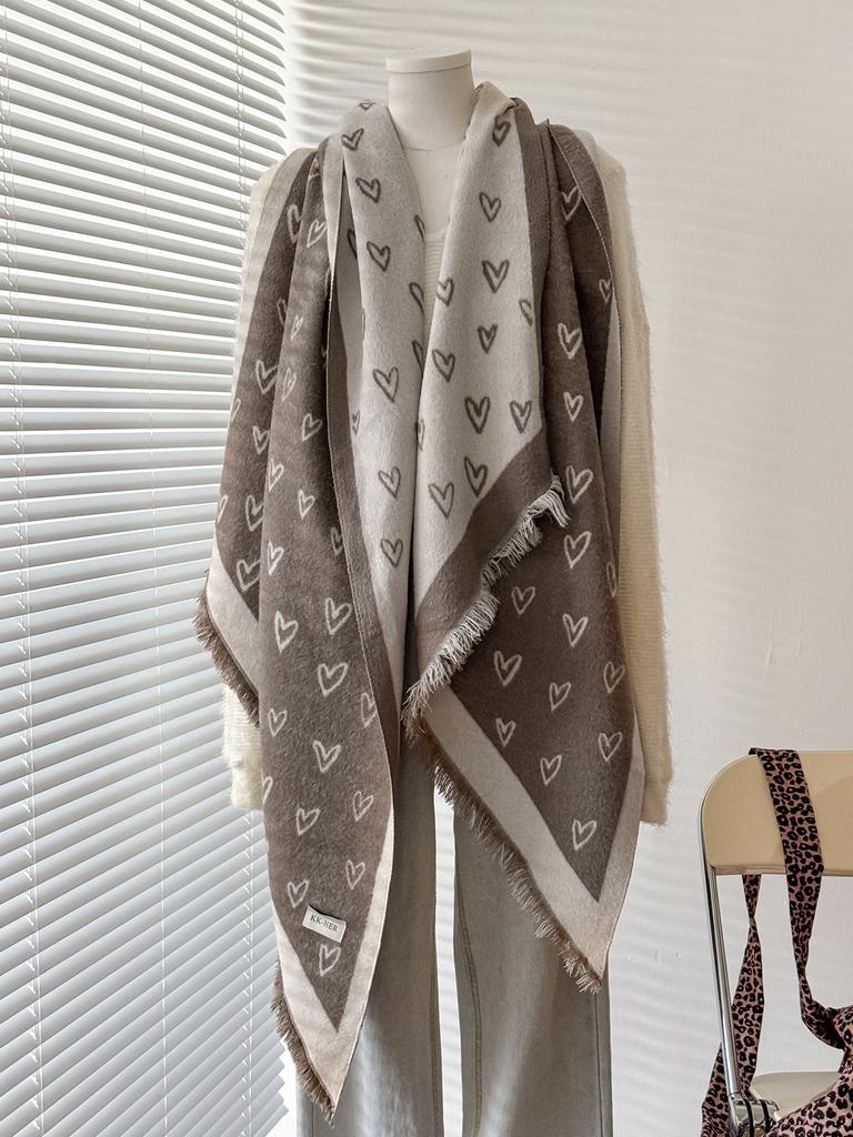 Women & Men Winter Warm Scarf Delicate Love Pattern Faux Cashmere Irregular Cut Double-Sided Neckerchief For Cold Days