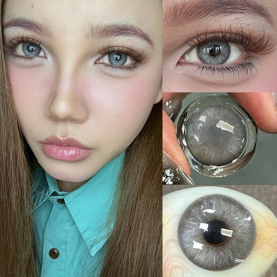 Freshlady 1 Pair 2pc 14.5mm Yearly Colored Contact Lenses, 40% Water Soft Comfortable Contacts for Daily Wear & Party Makeup, Brown/Blue/Gray