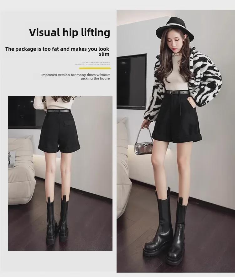 Dámské manšestrové kraťasy s vysokým pasem a áčkovým střihem – módní korejský styl na podzim/zimu