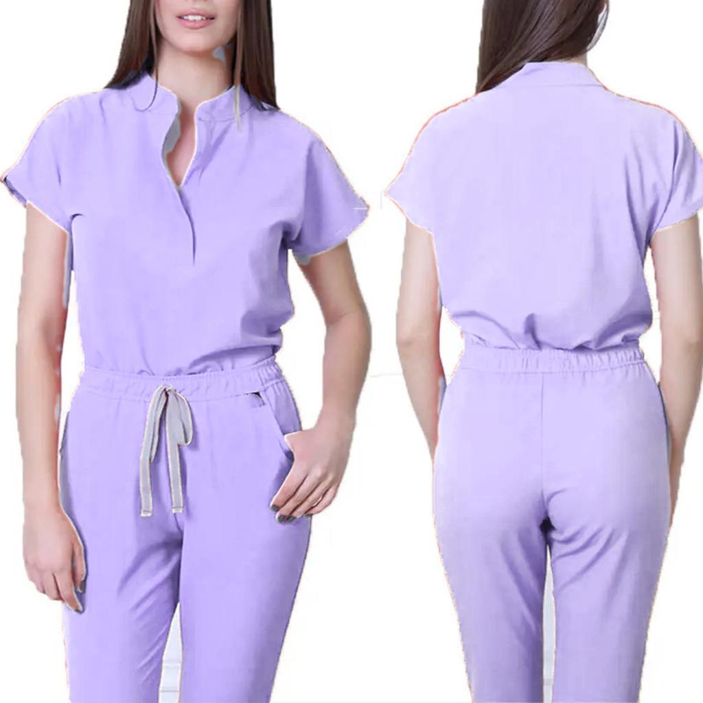 Women's Loose And Comfortable V-neck Short Sleeved Workwear With Multiple Pockets And Beauty Suit Set