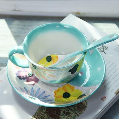 1 Set,National Style Polish Colorful Painting Coffee Cup and Saucer Set,High Temperature Glaze Under Ceramic Coffee Cup,Suitable for Restaurant, Hotel