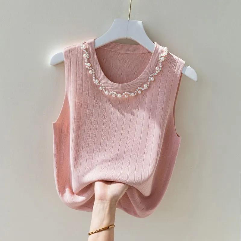WTEMPO Pearls Decoration Ice Silk Loose Camisole Vests Women Spring Summer Sleeveless Inner Knitted Bottom Tops