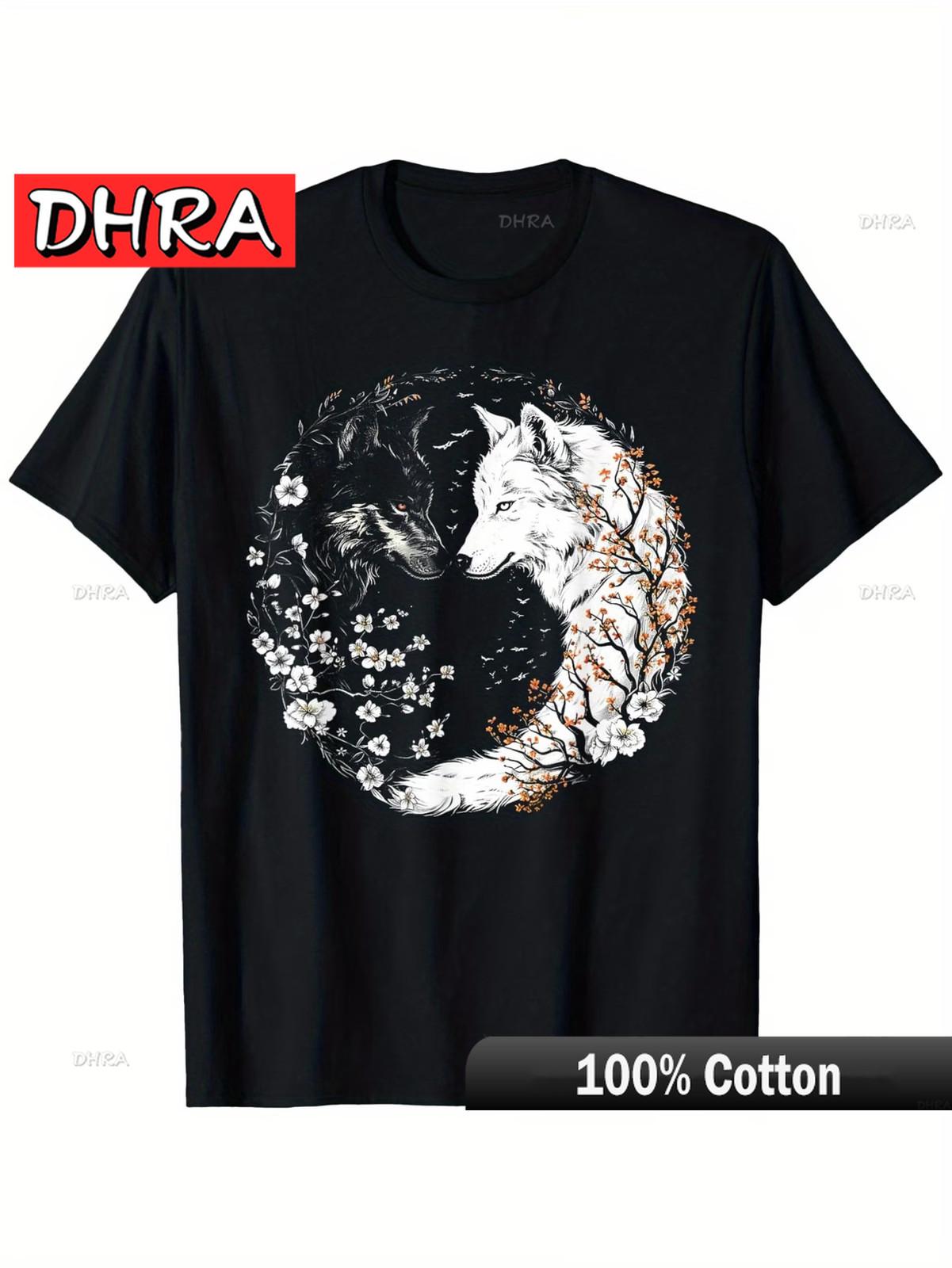 UnisexS Yin Yang Wolf Cherry Blossom Graphic TShirt 100 Relaxed Fit Casual T Featuring Short Sleeve Tee Comfy Shirt Casual S
