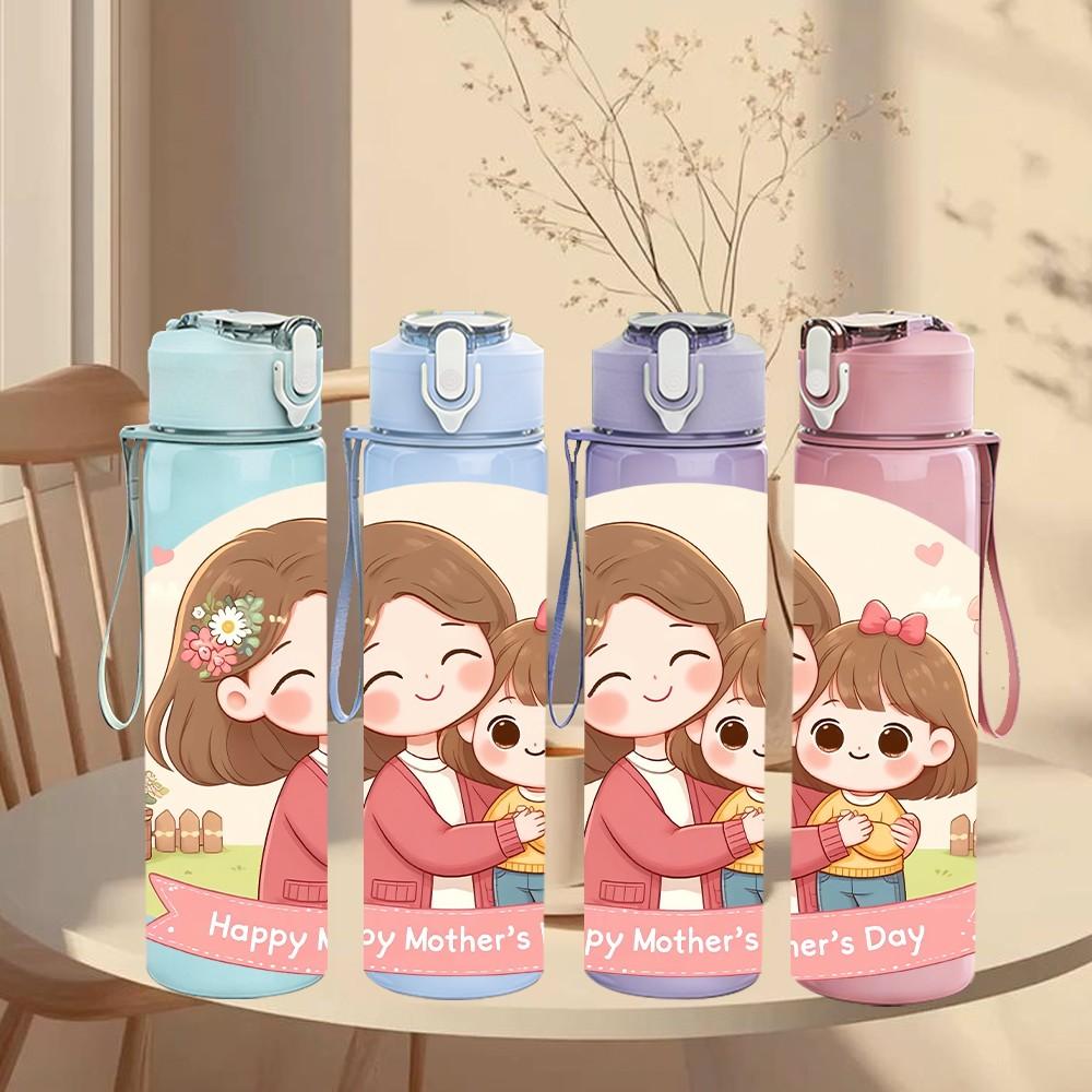 1PC Mom Daughter Floral Frame Cartoon Print 750ml Color Plastic Sports Water Bottle Leakproof Flip Straw Lid Suitable for Sports Office Home Use