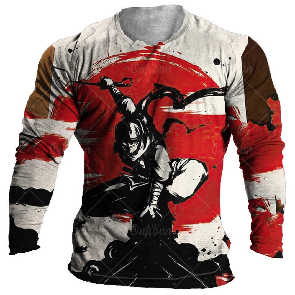 Japanisches Samurai-T-Shirt aus Baumwolle mit 3D-Aufdruck im japanischen Stil, langärmelige Oberteile, lässiges Herren-T-Shirt, übergroße Vintage-Herrenbekleidung