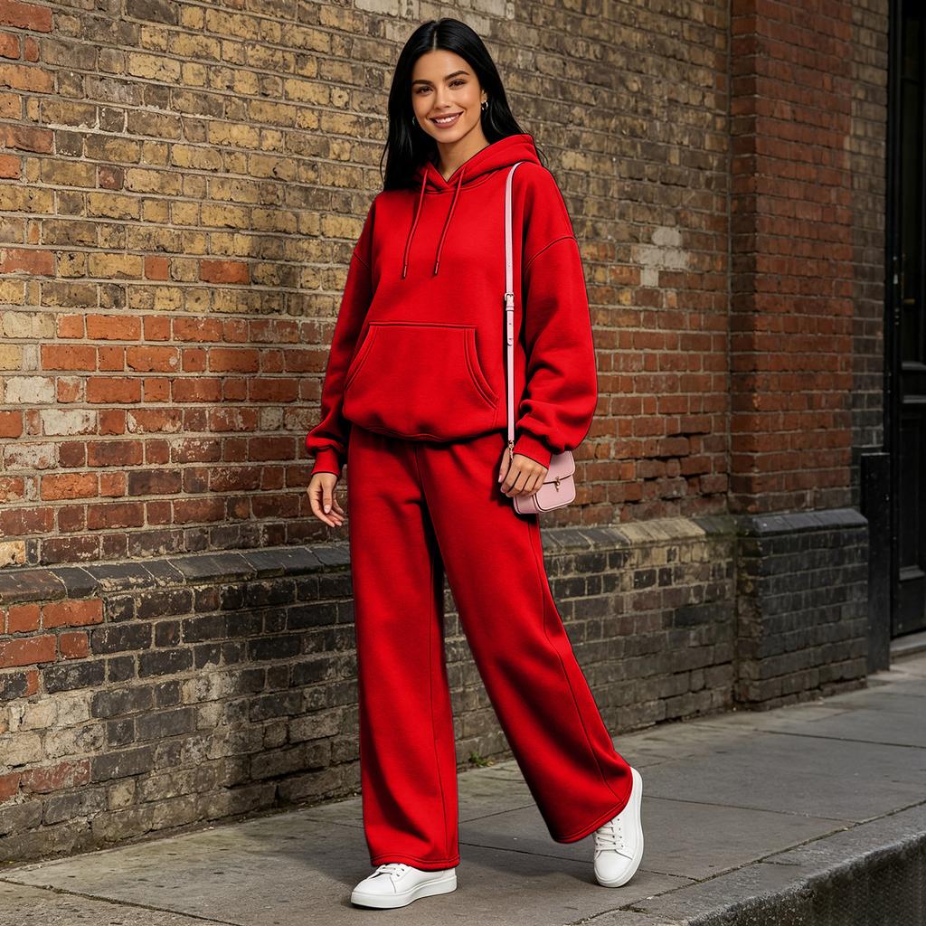 Women's Casual Two Piece Set with Drop Shoulder Drawstring Hoodie and Wide Leg Pants for Fall and Winter